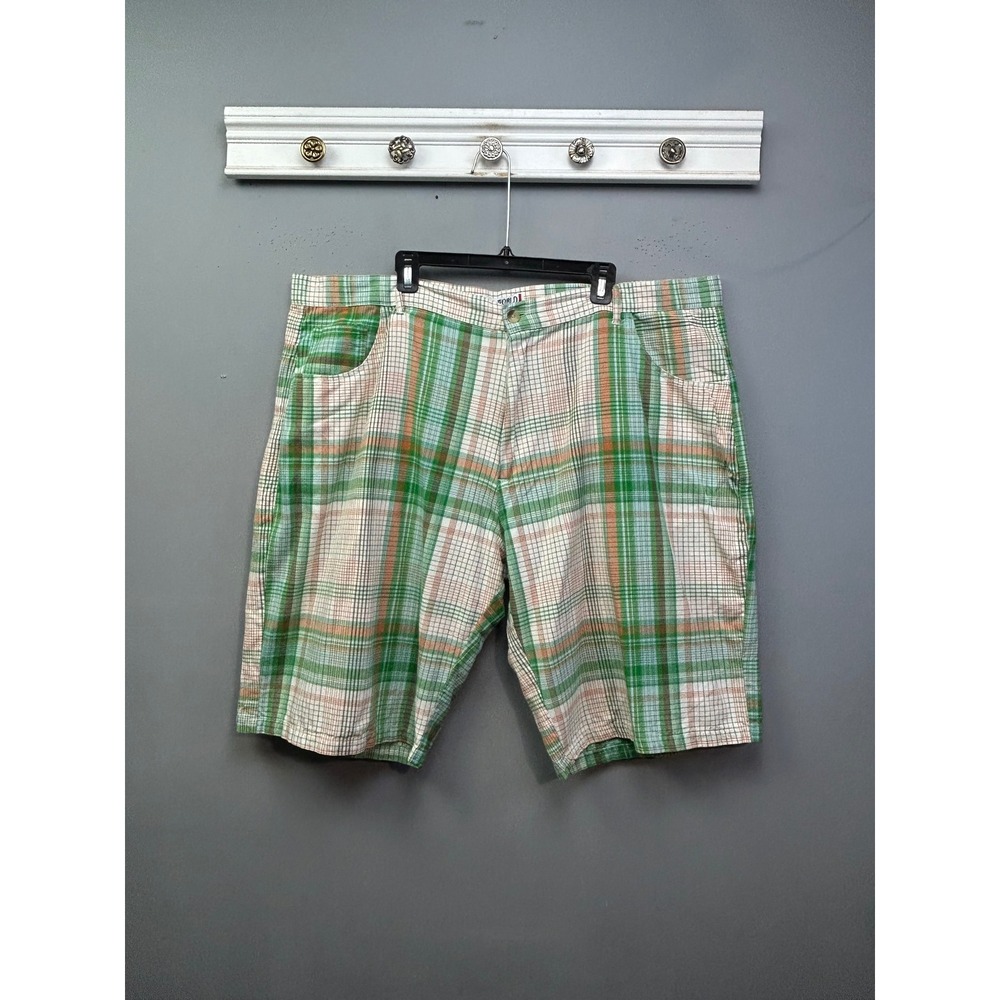 Zeep World Shorts Mens 50 Green Orange Plaid Cotton Casual Flat Front